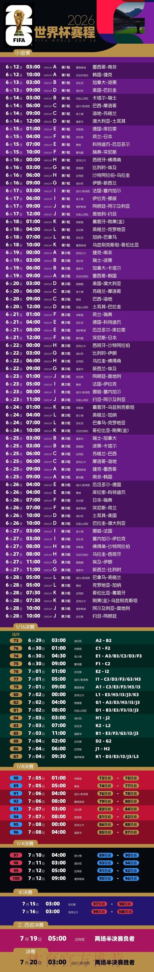 2026世界杯每日赛程高清版比赛时间表在哪里看